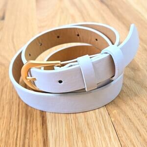 White faux Leather Thin Belt, Gold toned buckle  .9"